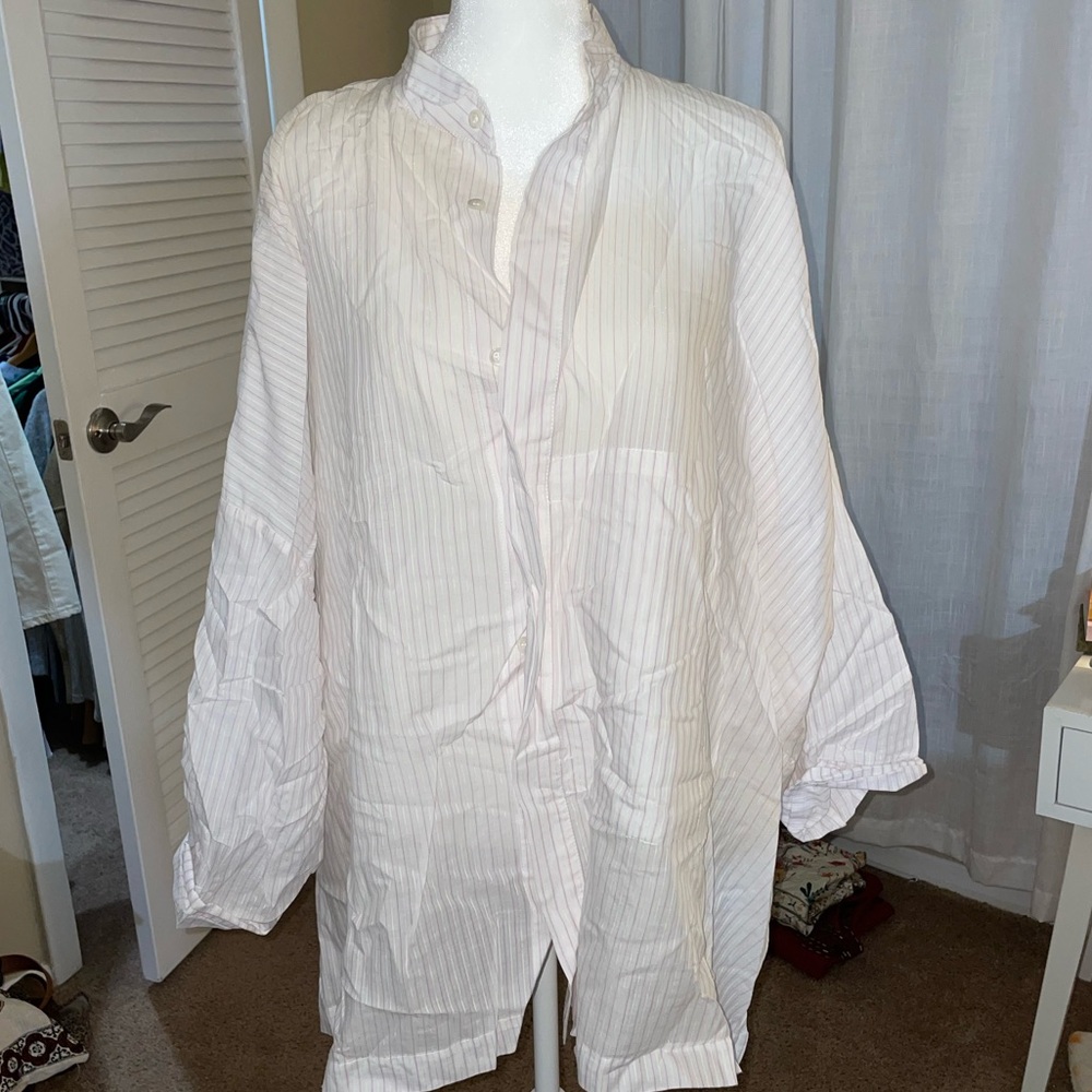 Eskandar Size (2) IVORY STRIPED Linen Mandarin Collar 34" Long Tunic Top